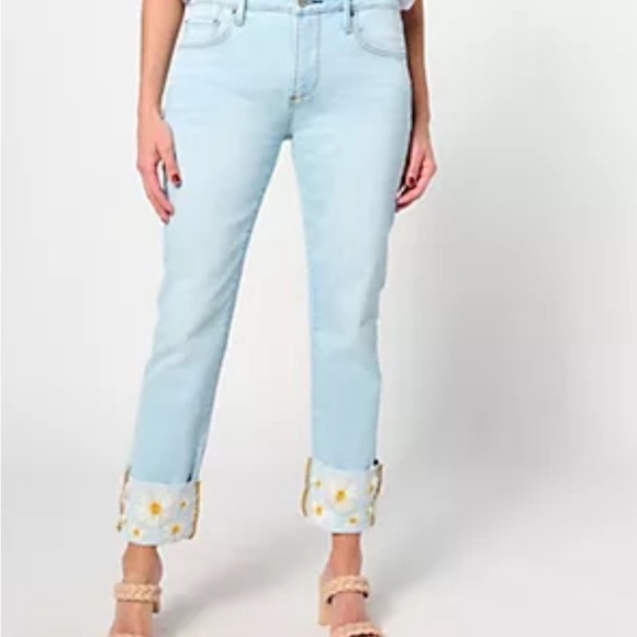 Driftwood Colette Stretch Denim Embroidered Daisy Cuff Crop Jeans Size 16 L27 - Picture 12 of 12